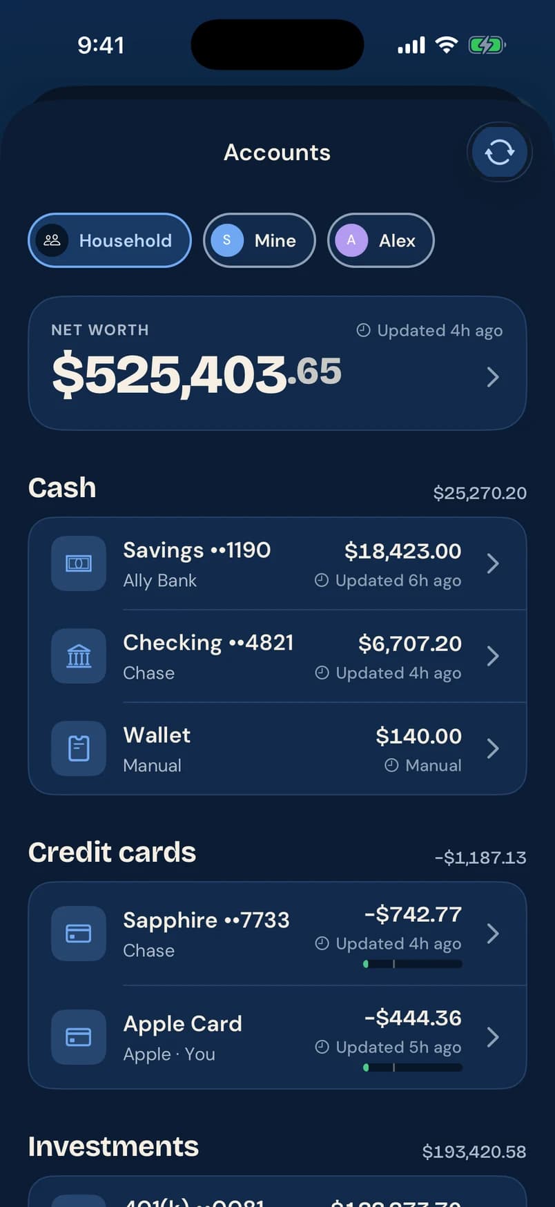 Accounts screen: net worth $525,403.65 and cash accounts, each labeled with when it was last updated