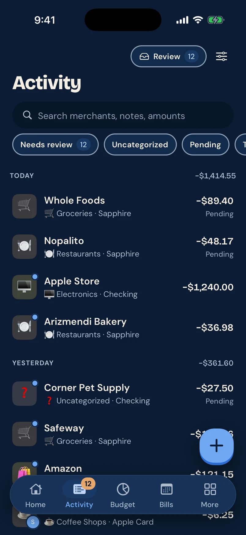 Activity screen: today’s transactions with categories, accounts and pending labels, and filters for needs review, uncategorized and pending
