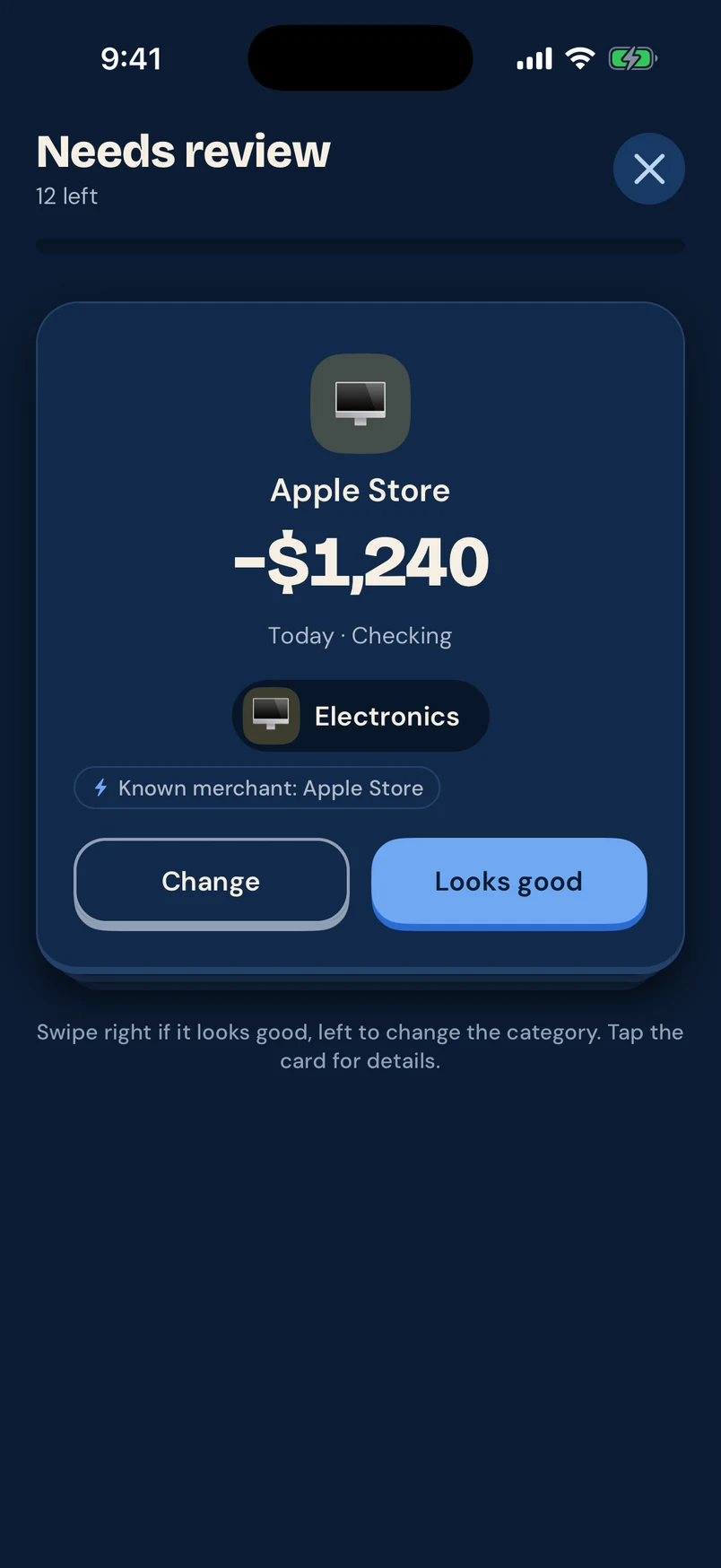 Needs review card: Apple Store −$1,240 categorized as Electronics because it is a known merchant, with Change and Looks good buttons