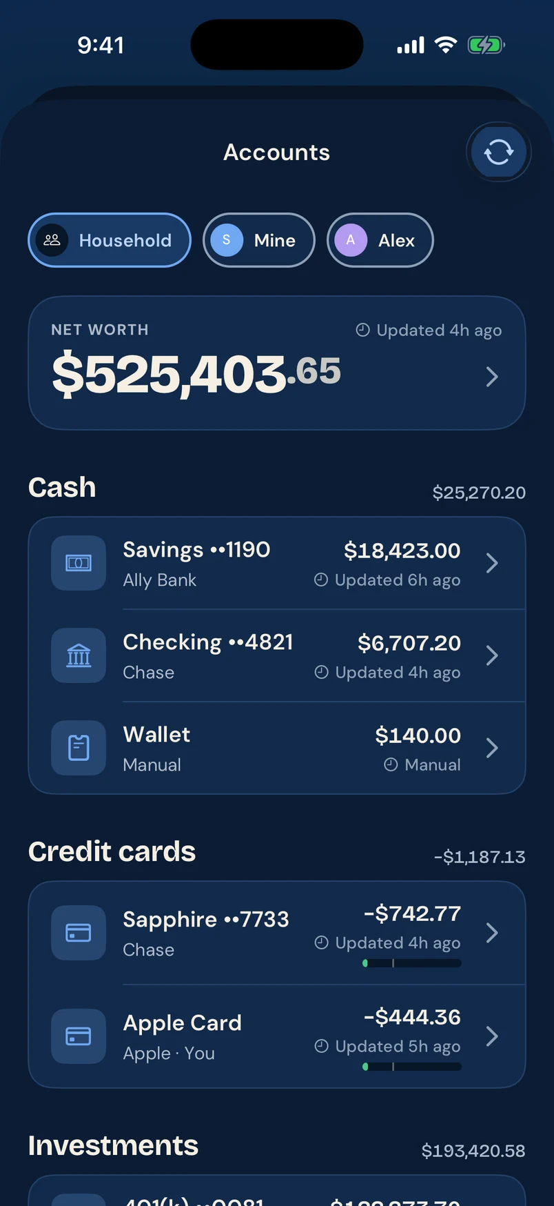 Accounts screen: net worth $525,403.65 and cash accounts, each labeled with when it was last updated