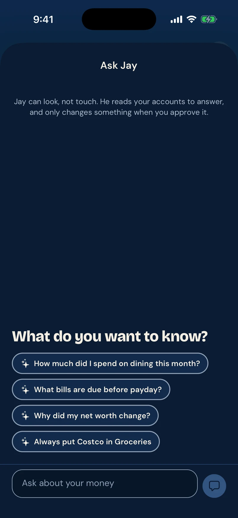 Ask Jay screen with suggested questions like “How much did I spend on dining this month?” and “What bills are due before payday?”