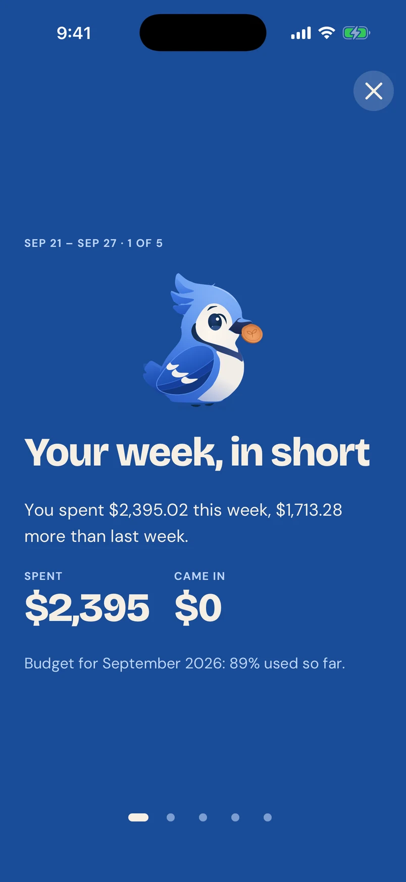 Weekly recap: “Your week, in short. You spent $2,395.02 this week,” with Jay at the top