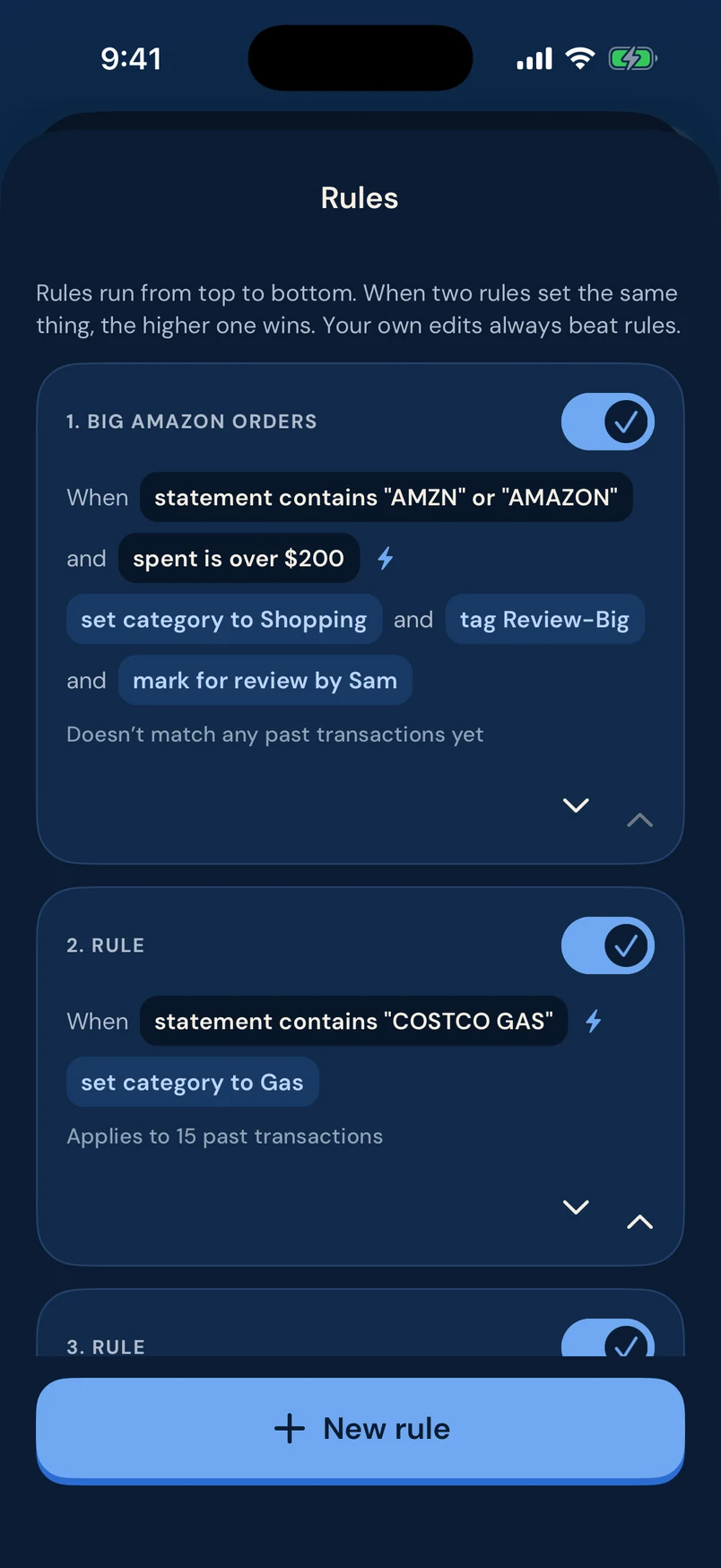 Rules screen: big Amazon orders over $200 set to Shopping and flagged for review, and Costco Gas set to Gas